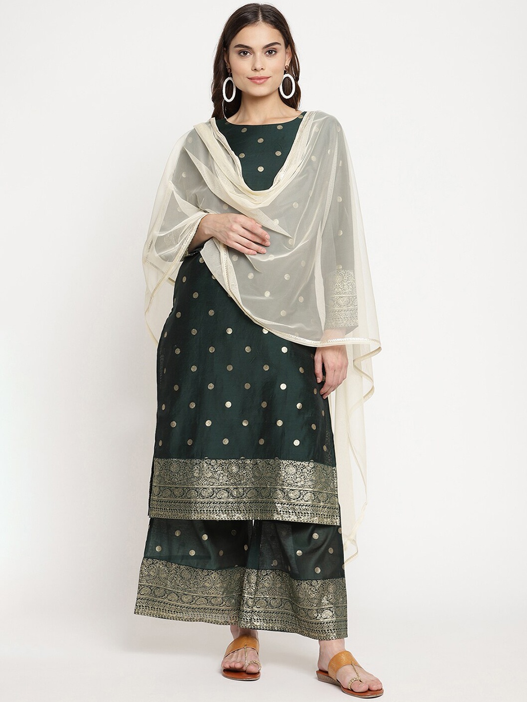 

Ahalyaa Women Green Ethnic Motifs Printed Gotta Patti Kurta with Palazzos & With Dupatta