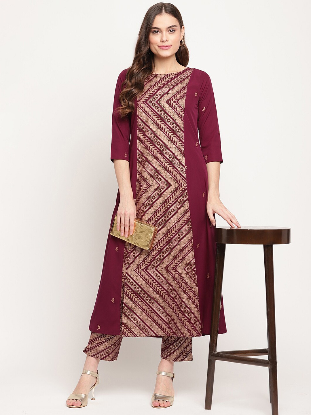 

Ahalyaa Women Burgundy Ethnic Motifs Printed Panelled Kurta with Trousers