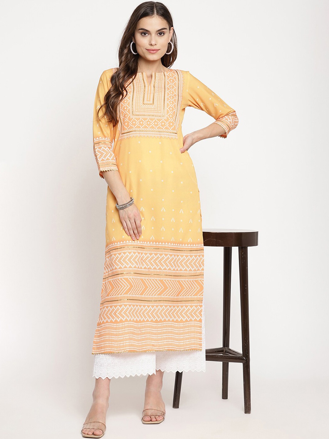 

Ahalyaa Women Yellow Ethnic Motifs Keyhole Neck Kurta