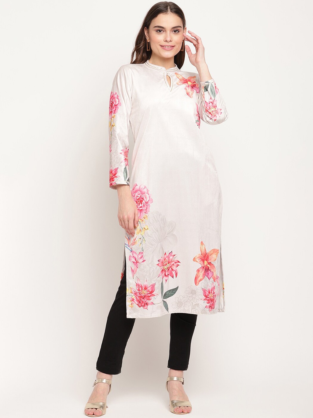 

Ahalyaa Women Cream-Coloured & Pink Floral Printed Keyhole Neck Velvet Kurta