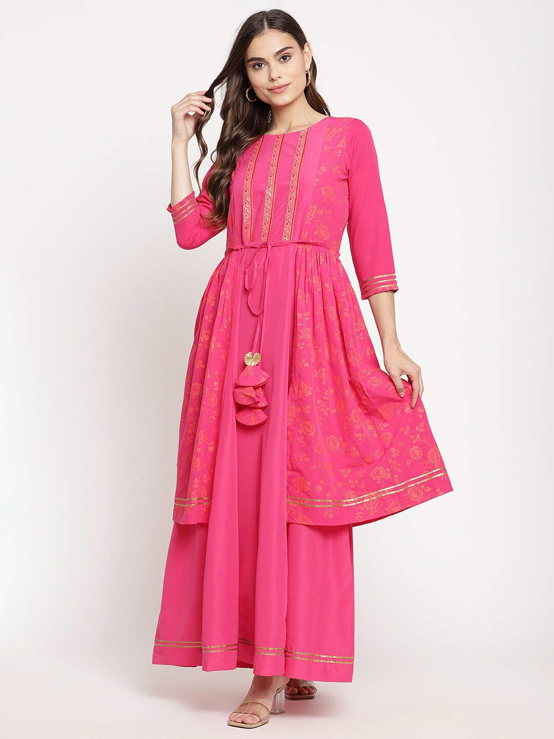 

Ahalyaa Pink Floral Printed Layered Ethnic Maxi Dress