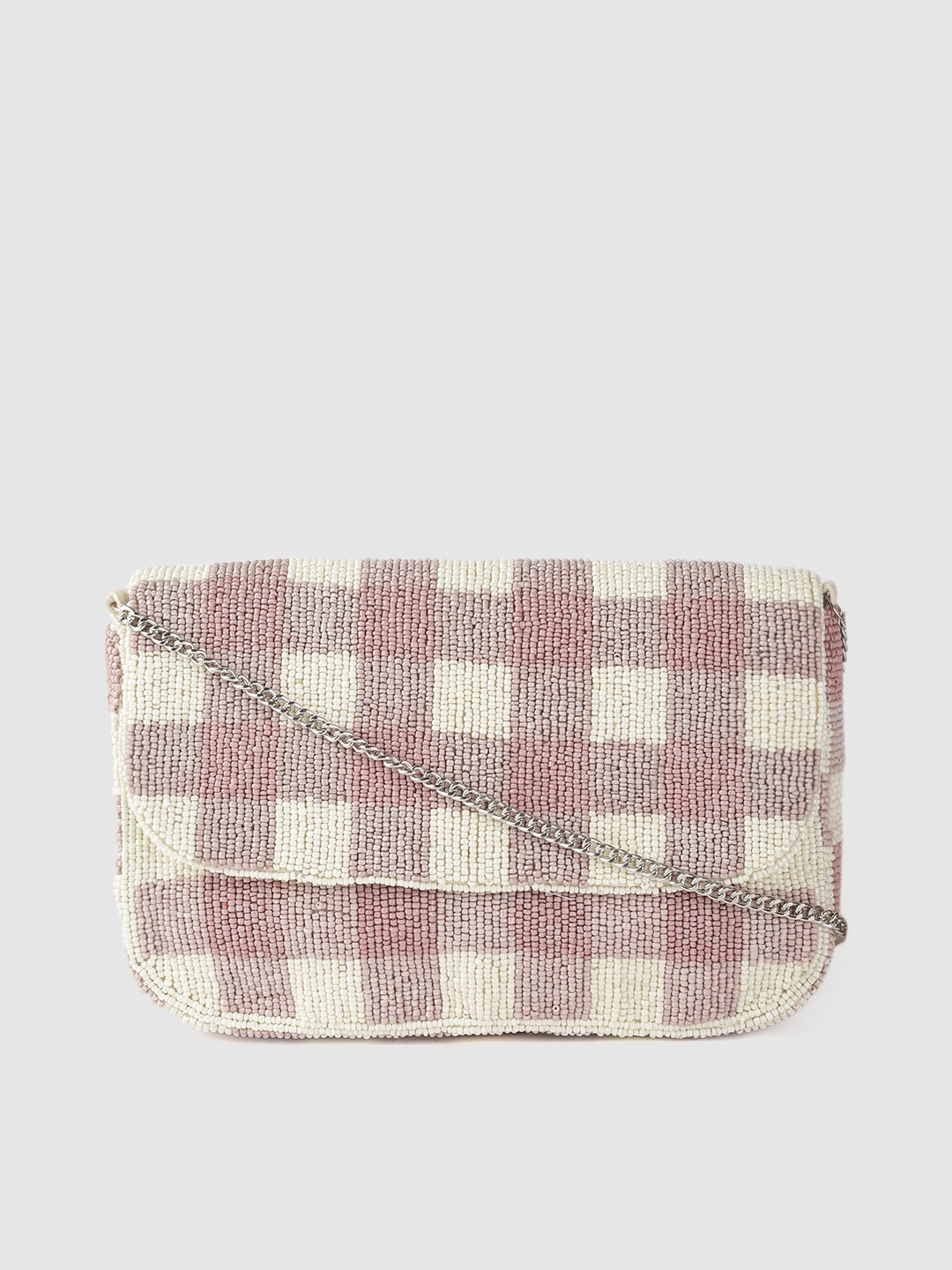 

Accessorize Purple & Off White Hand Beaded Gingham Checked Structured Sling Bag