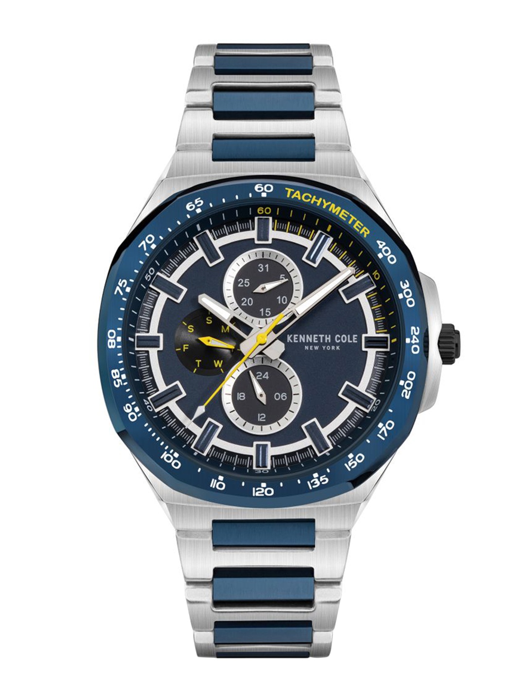 

Kenneth Cole Men Blue Dial & Multicoloured Stainless Steel Bracelet Style Straps Analogue Watch