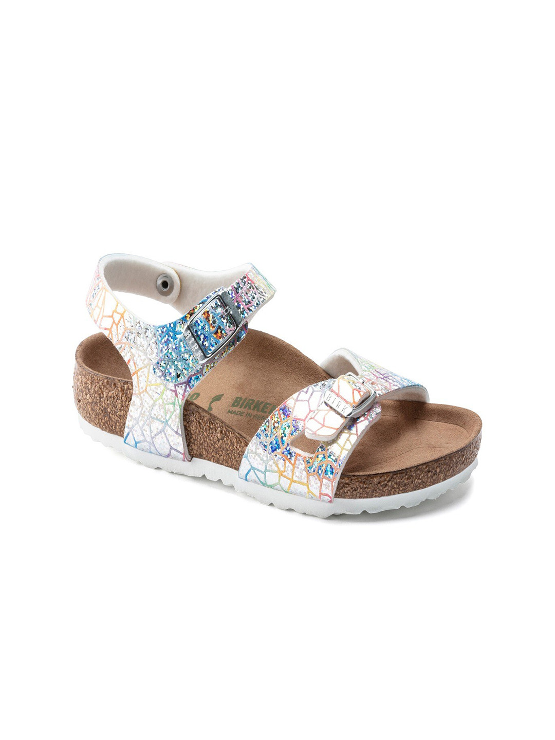

Birkenstock Girls Silver & Brown Rio Vegan Flashy Hologram Narrow Width Flats