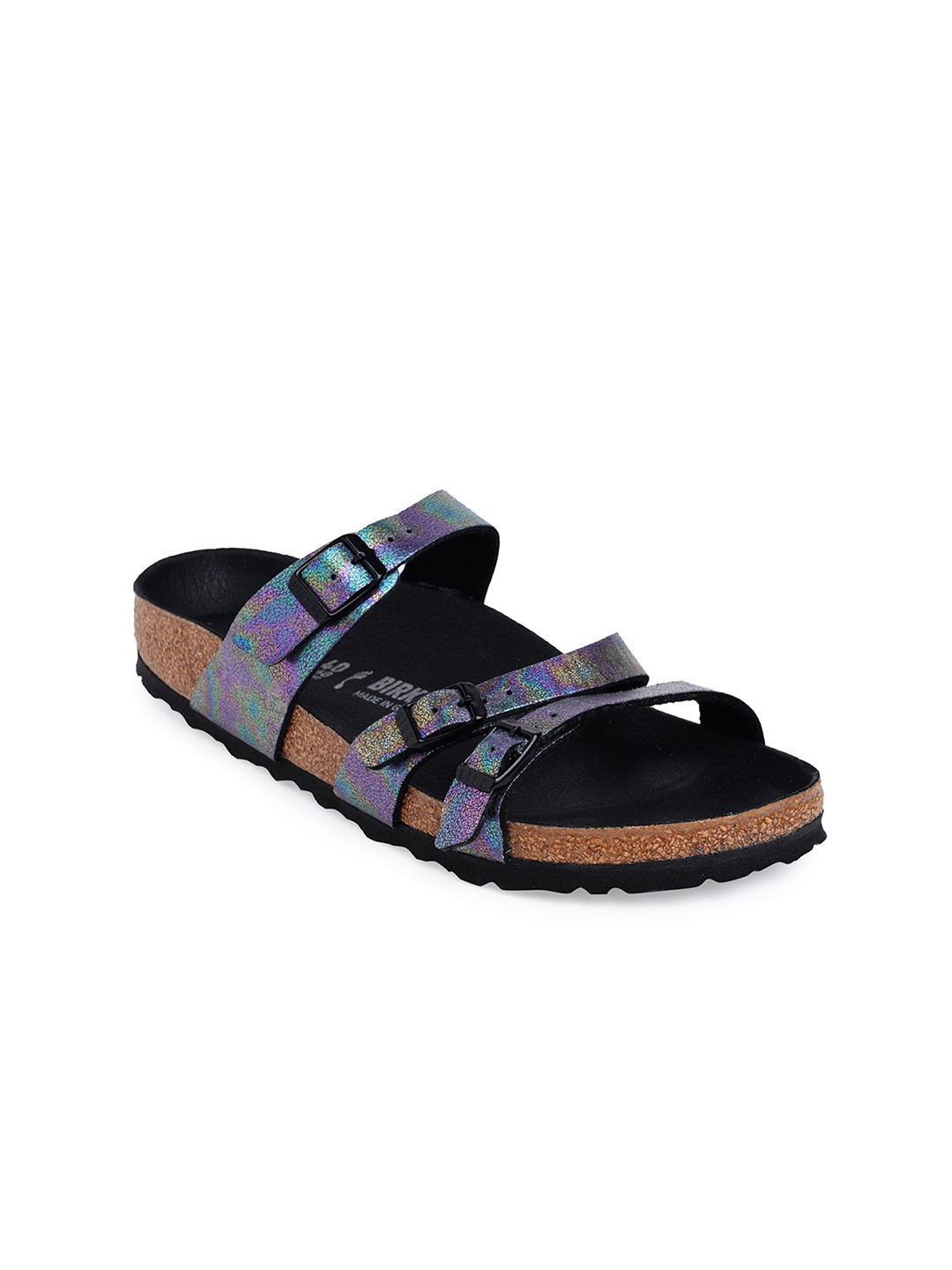 

Birkenstock Women Black Franca Vegan Iridescent Narrow Width Sliders