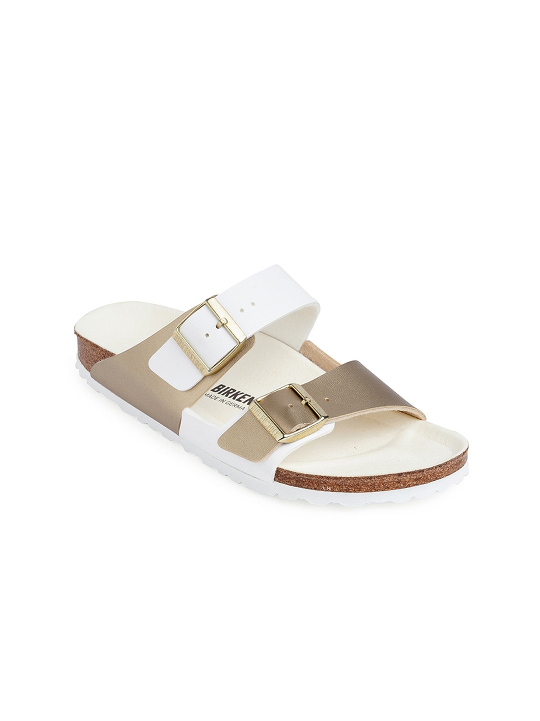 

Birkenstock Women Gold-Toned & White Arizona Split Narrow Sliders