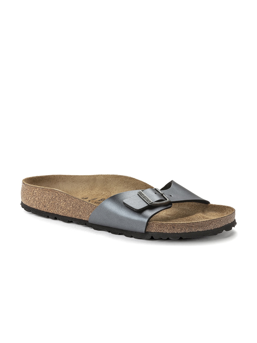 

Birkenstock Madrid Metallic Black Narrow Width Birko-Flor One-Strap Sandals