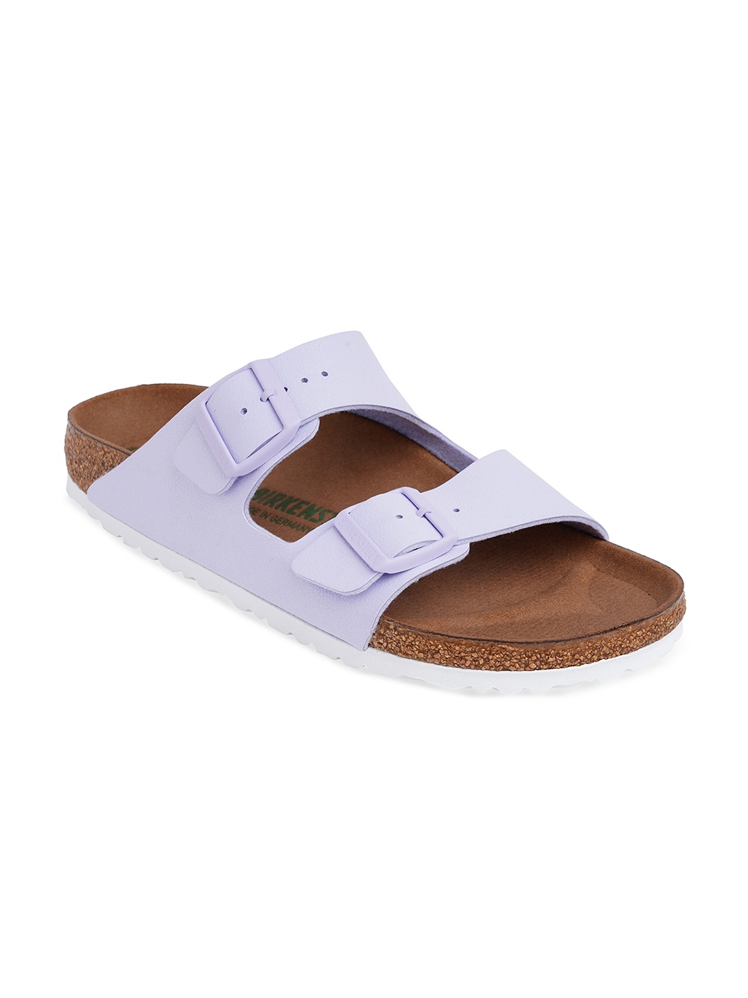 

Birkenstock Women Narrow Width Lavender Arizona Vegan Fog Sliders