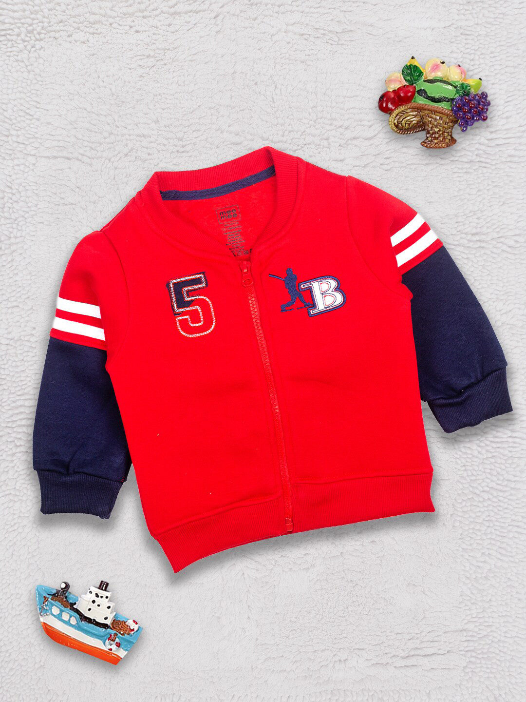 

MeeMee Boys Red Navy Blue Colourblocked Lightweight Bomber with Patchwork Jacket