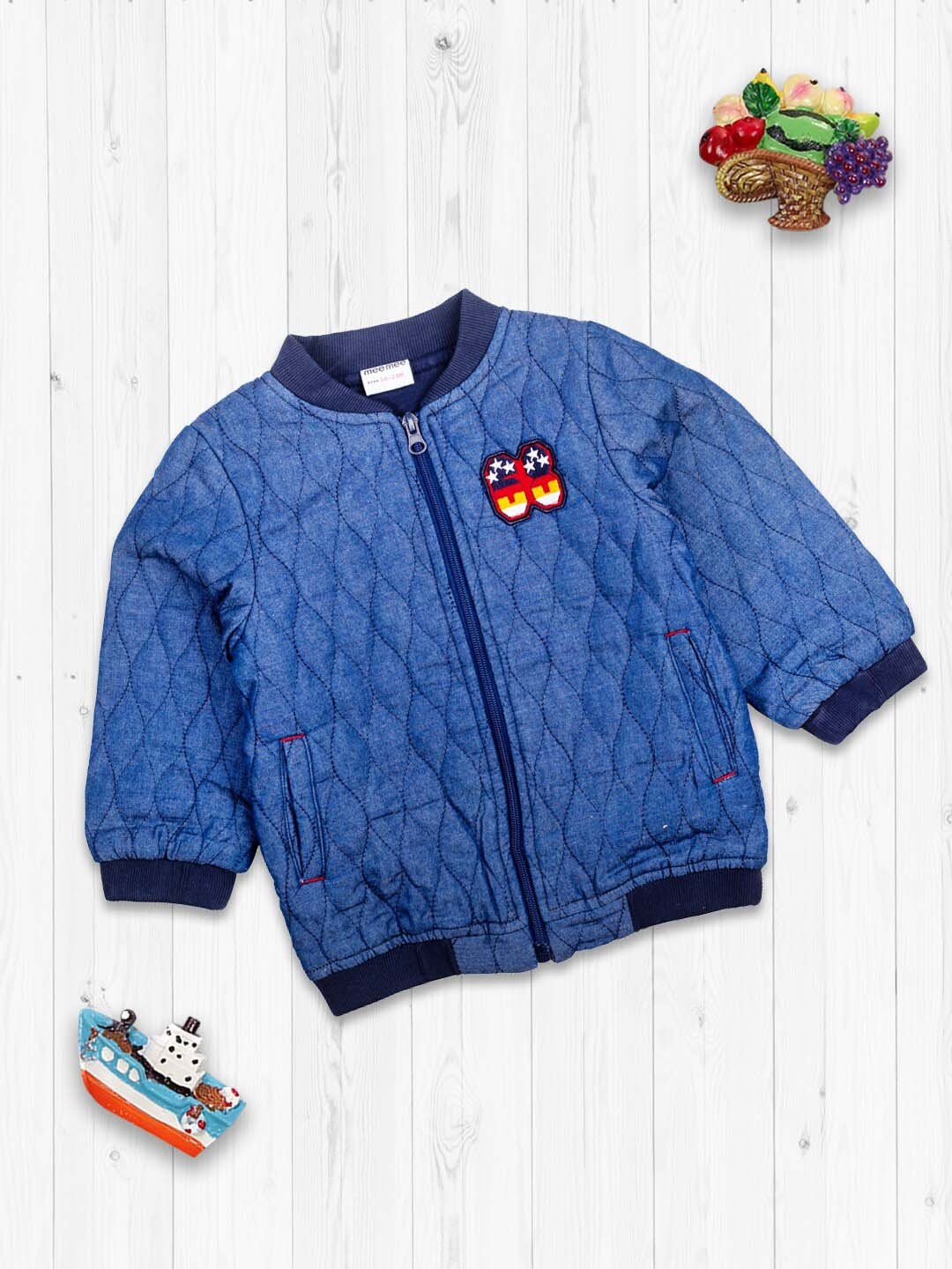 

MeeMee Boys Navy Blue Lightweight Bomber with Patchwork Jacket