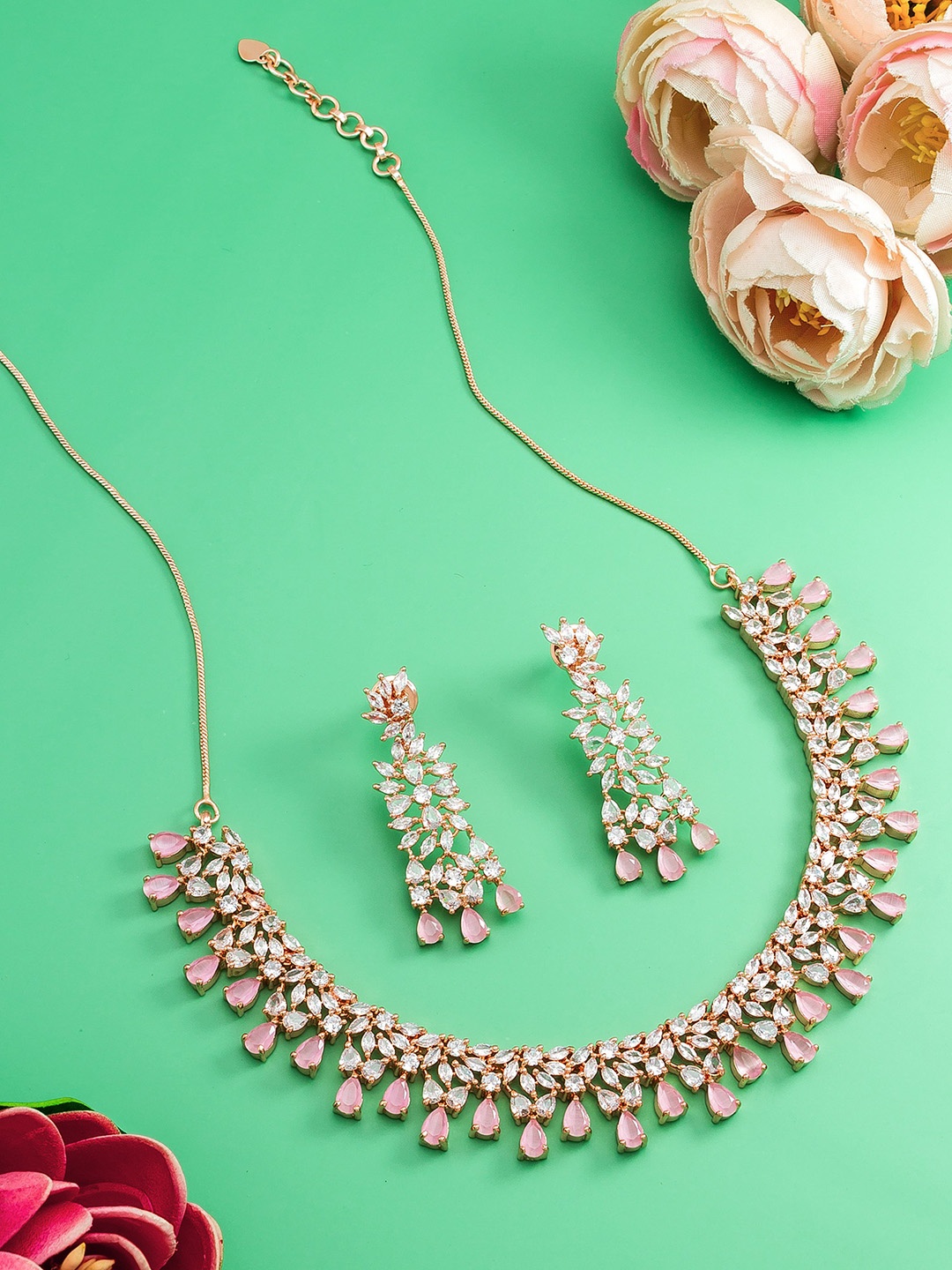 

aadita Rose Gold Plated AD Studded Handcrafted Choker Jewellery Set