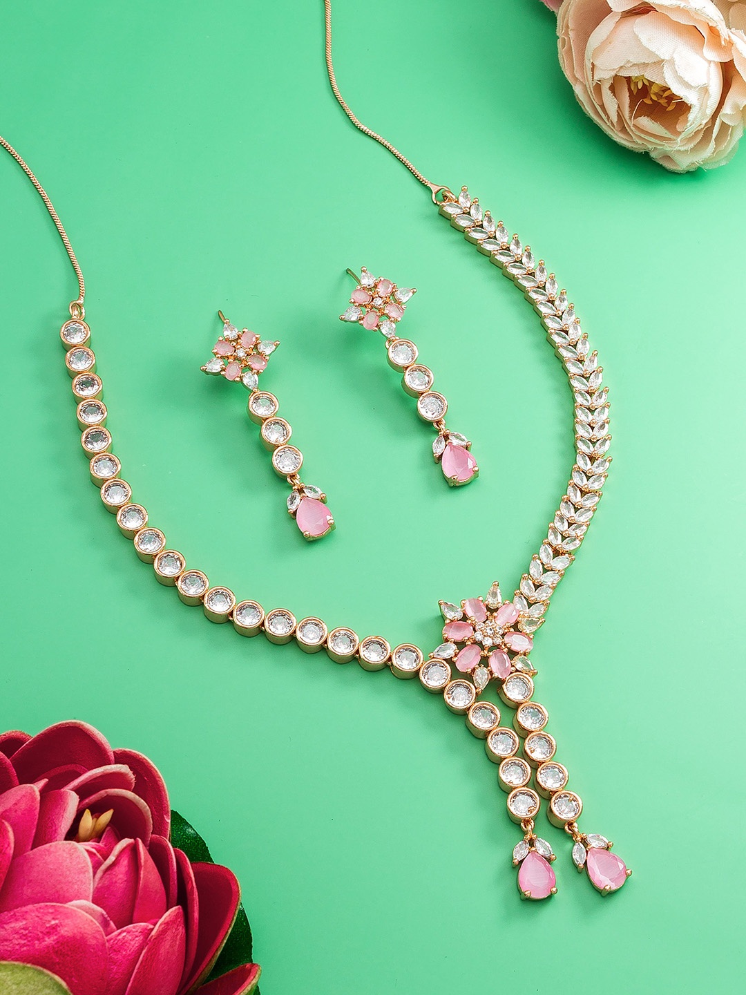 

aadita Rose Gold Plated &White AD Studded Handcrafted Choker Jewellery Set