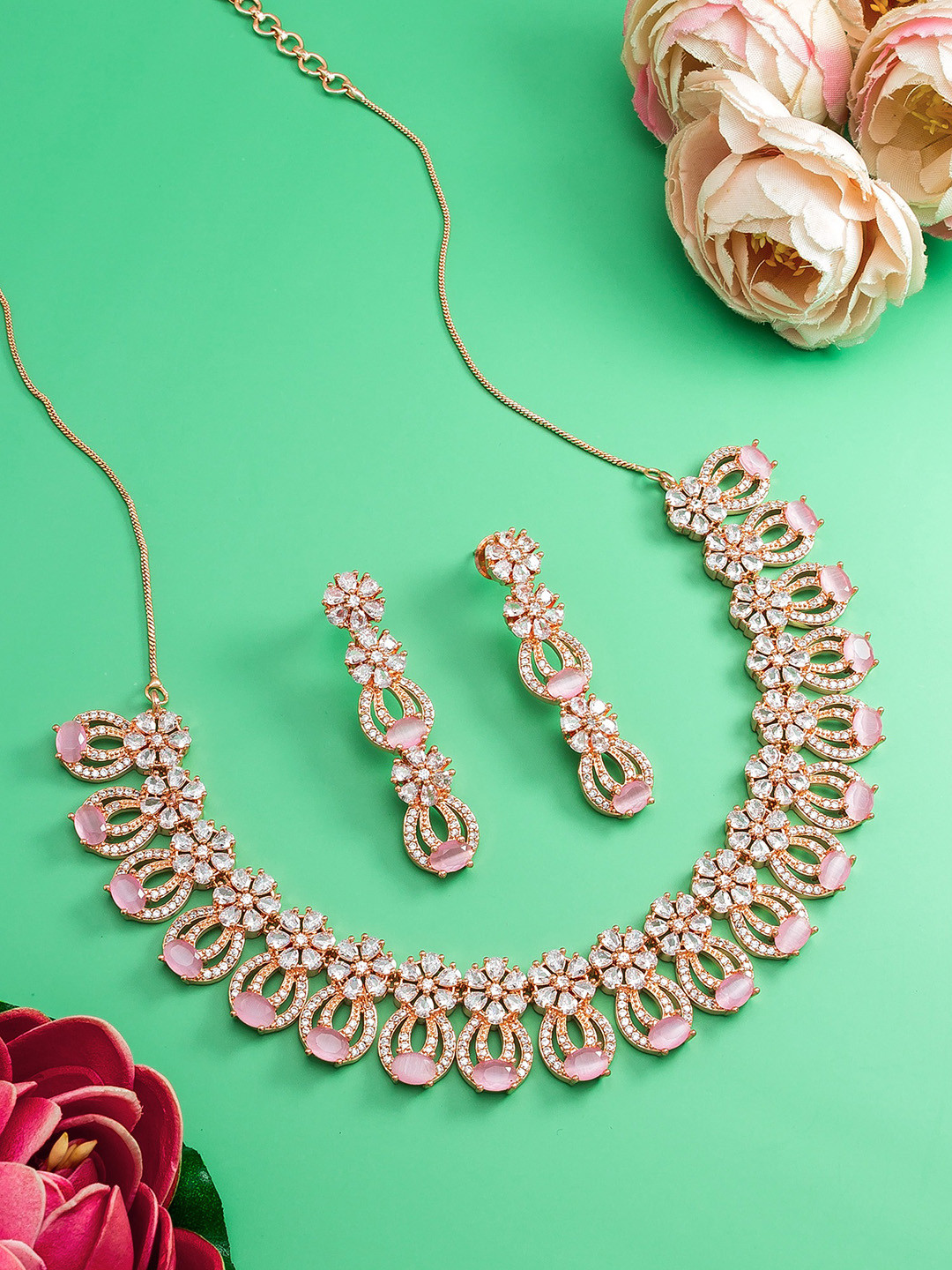

Aadita Rose Gold Plated AD Studded Handcrafted Choker Jewellery Set