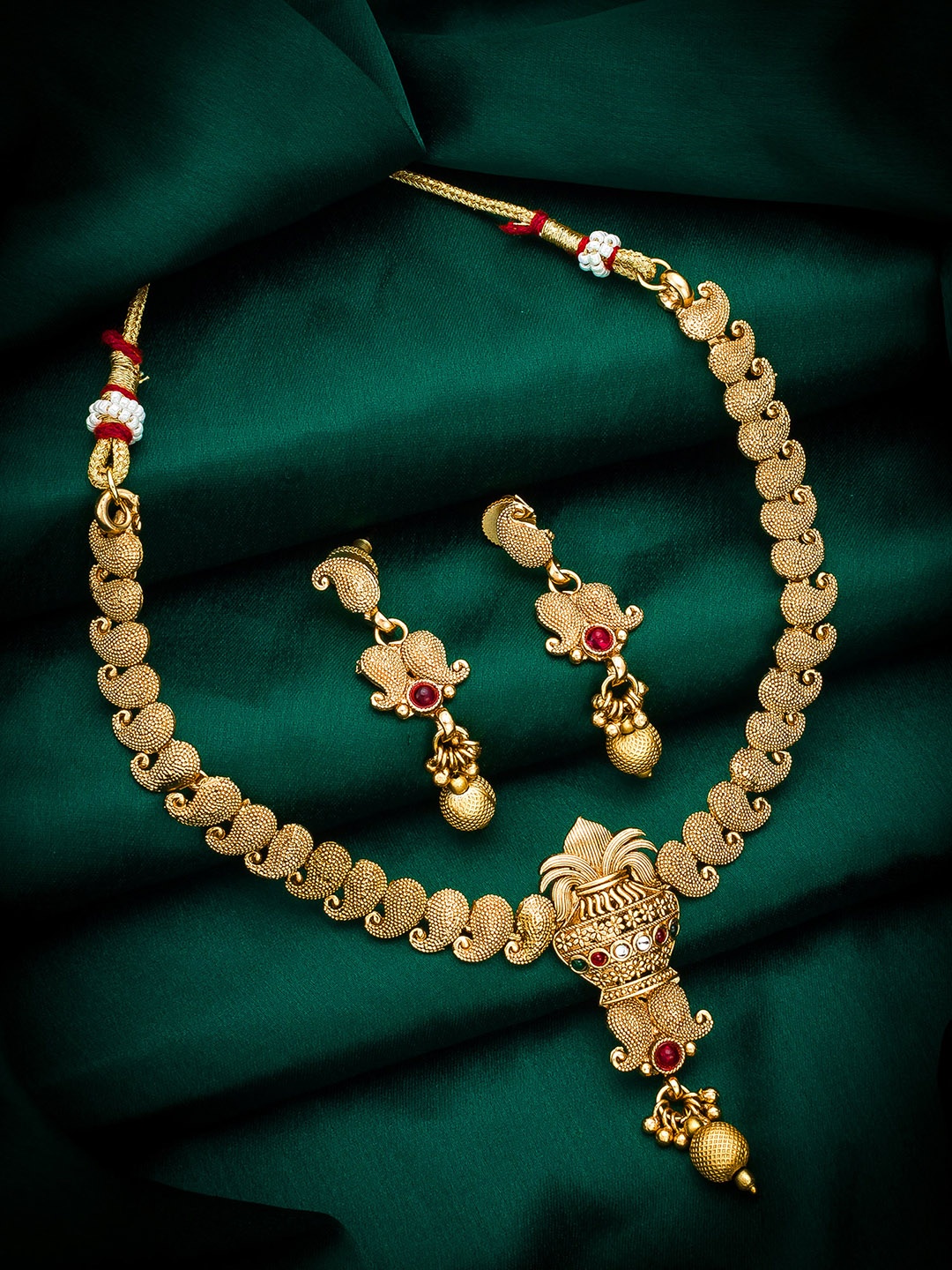 aadita Gold Plated & Red Studded Antique Jewellery Set
