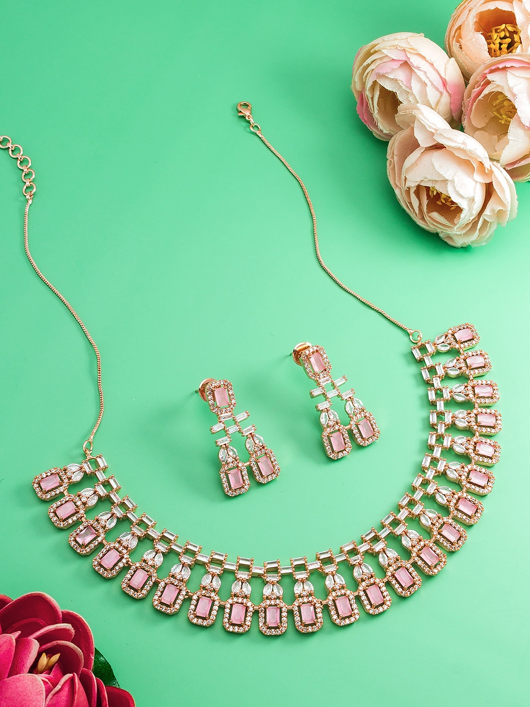 

aadita Rose Gold Plated AD Studded Handcrafted Choker Jewellery Set