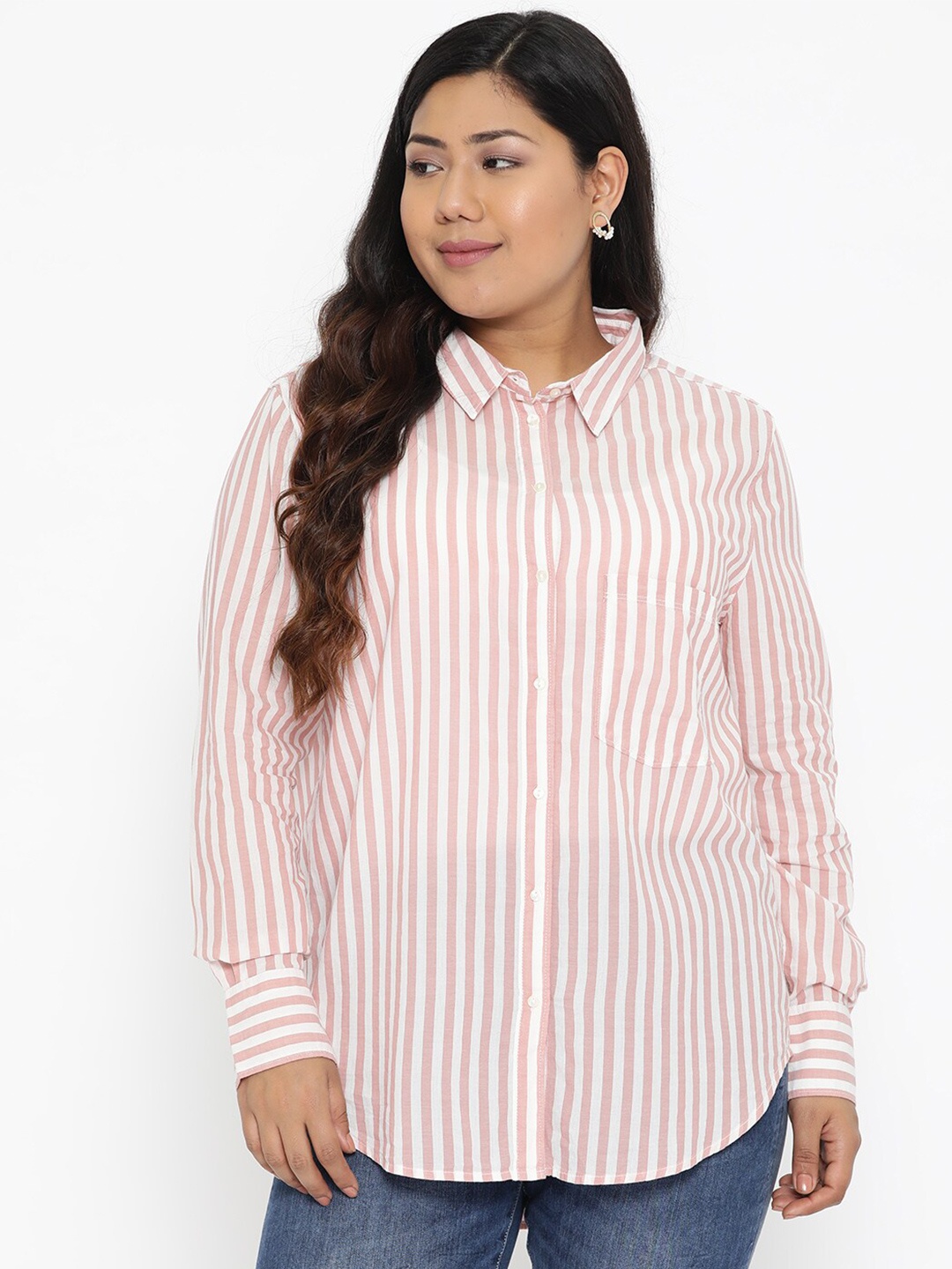 

The Pink Moon Women Pink Comfort Semi Sheer Striped Semiformal Plus Size Shirt