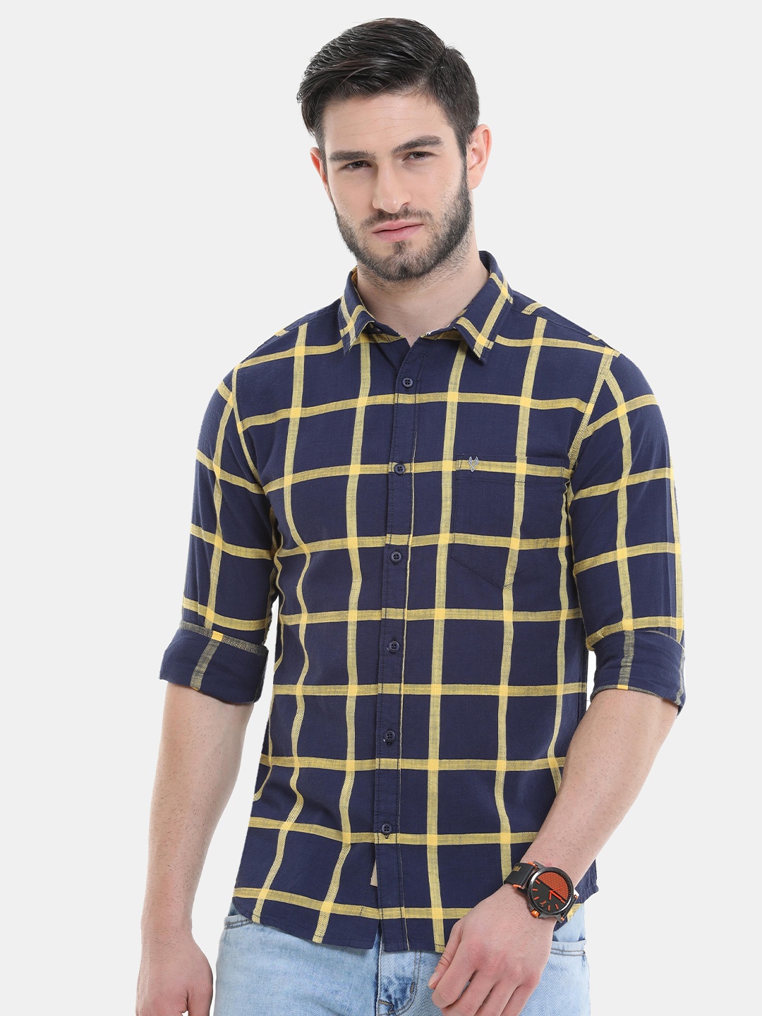 

VUDU Men Navy Blue Comfort Windowpane Checked Pure Cotton Casual Shirt