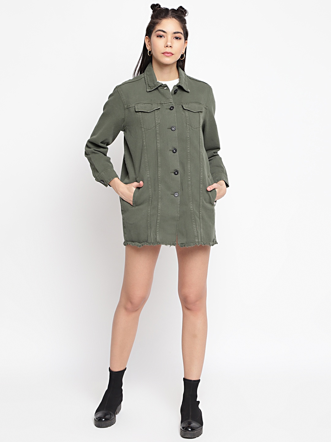 

Belliskey Women Olive Green Lightweight Cotton Longline Denim Jacket