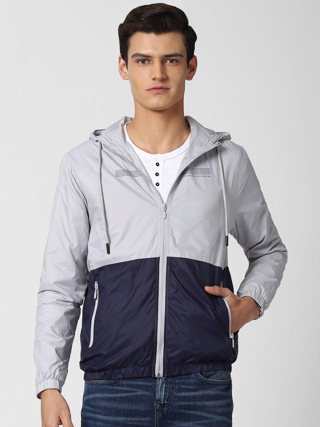 

Peter England Casuals Men Grey & Blue Colourblocked Sporty Jacket