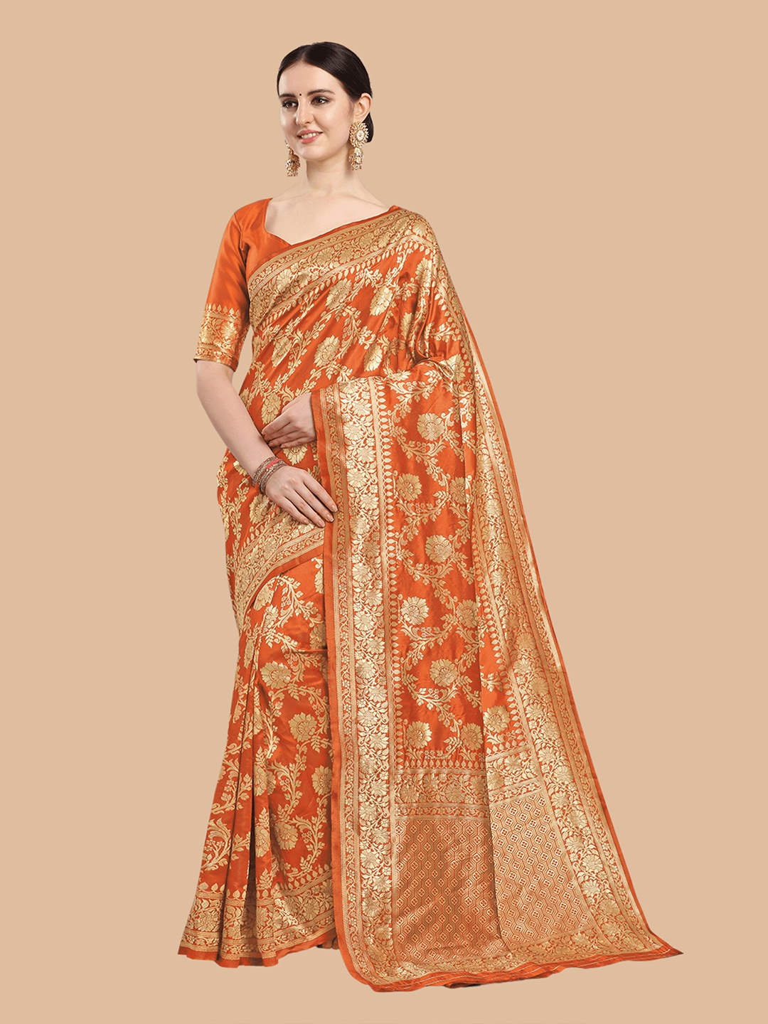 

KALINI Orange & Gold-Toned Floral Zari Silk Blend Banarasi Saree