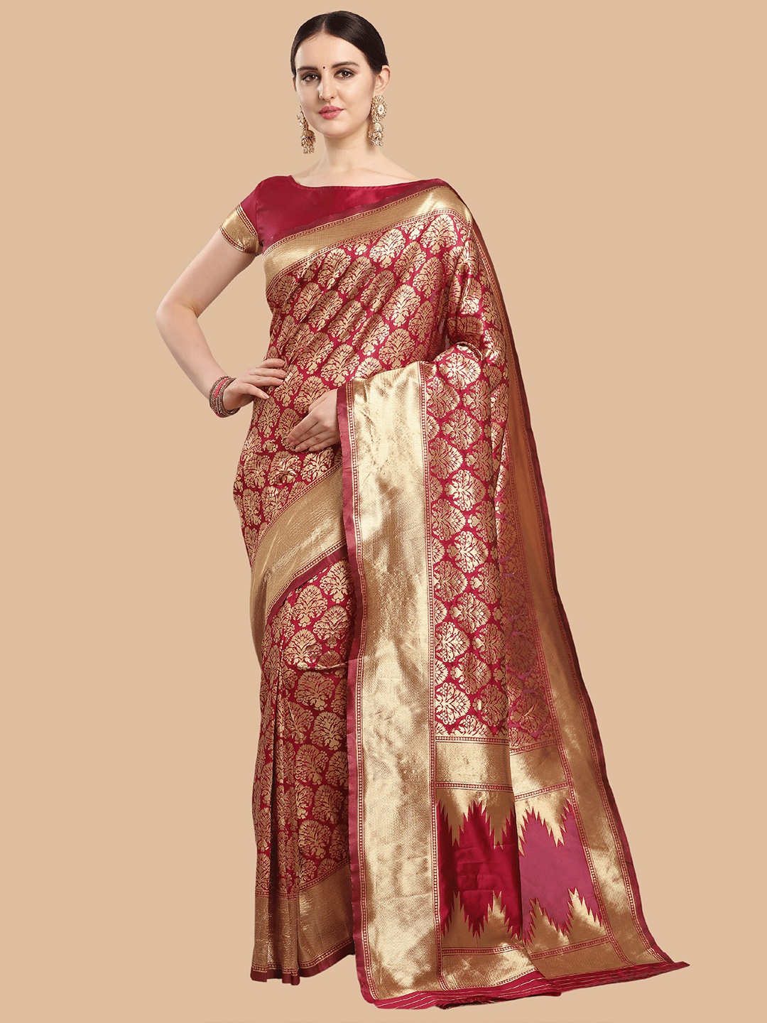 

KALINI Maroon & Gold-Toned Woven Design Zari Silk Blend Banarasi Saree