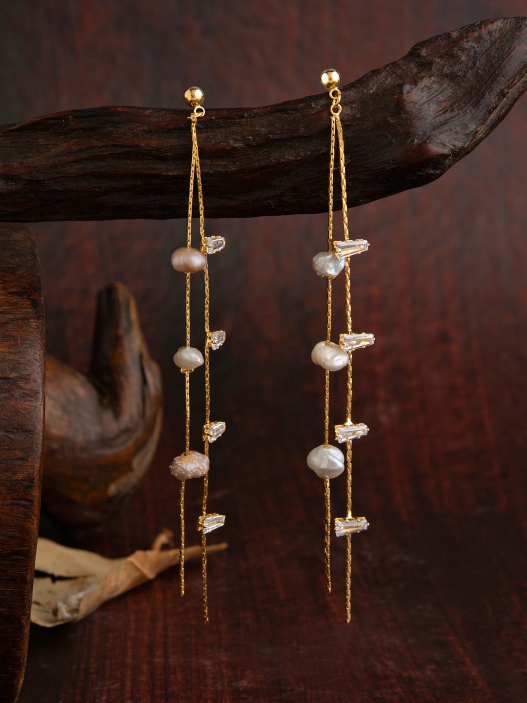 

E2O Gold-Plated & White Tasselled Contemporary Drop Earrings