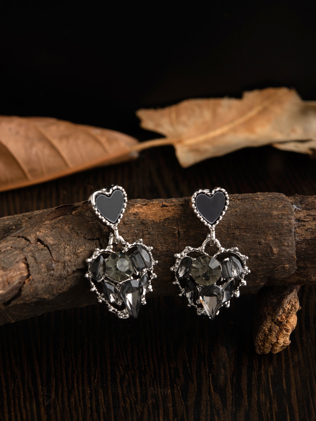 

E2O Gold-Plated Black & Silver-Toned Heart Shaped Drop Earrings