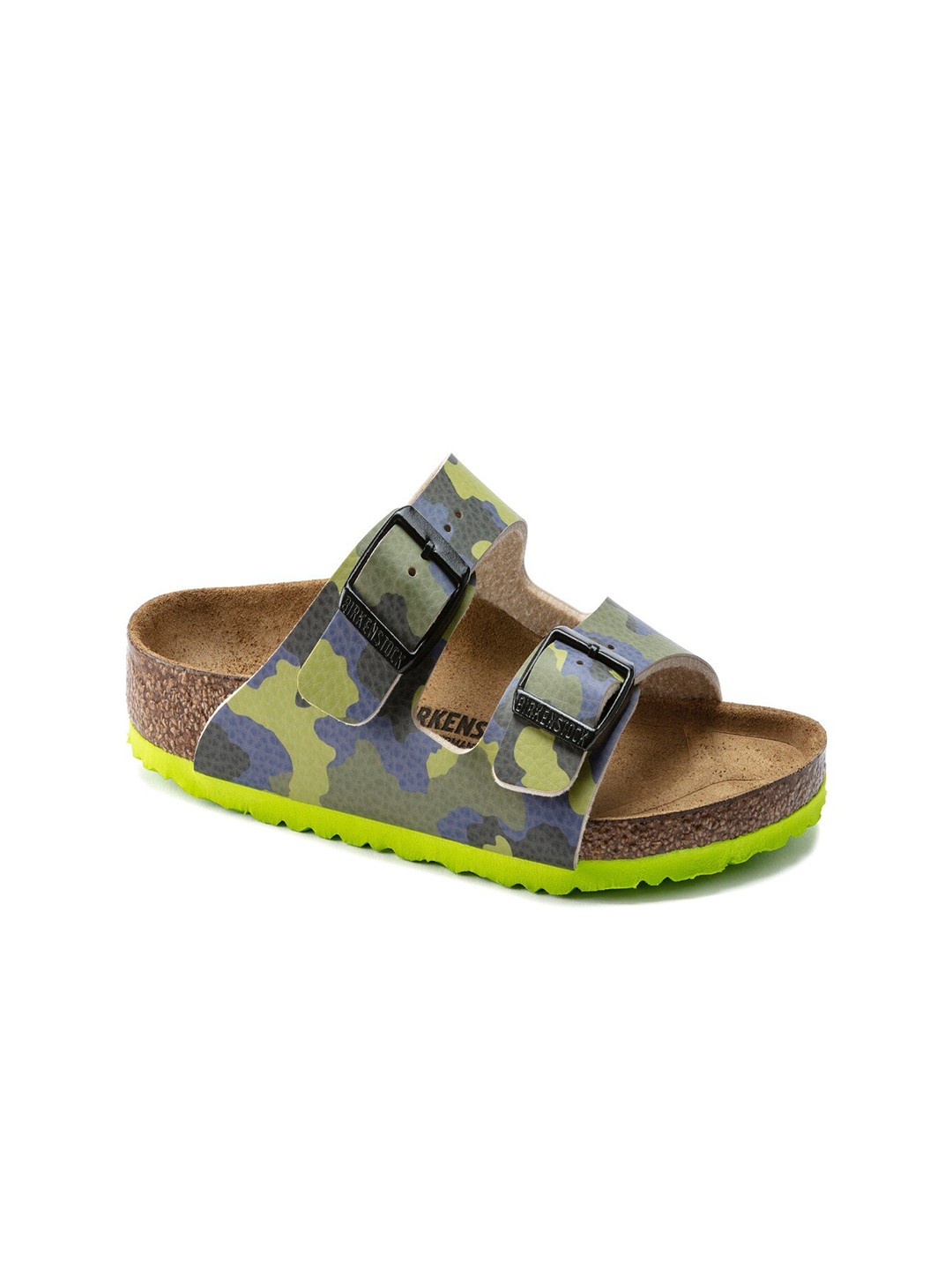 

Birkenstock Arizona Desert Soil Camo Lime Aqua Narrow Width Birko-Flor Two-Strap Sandals, Multi