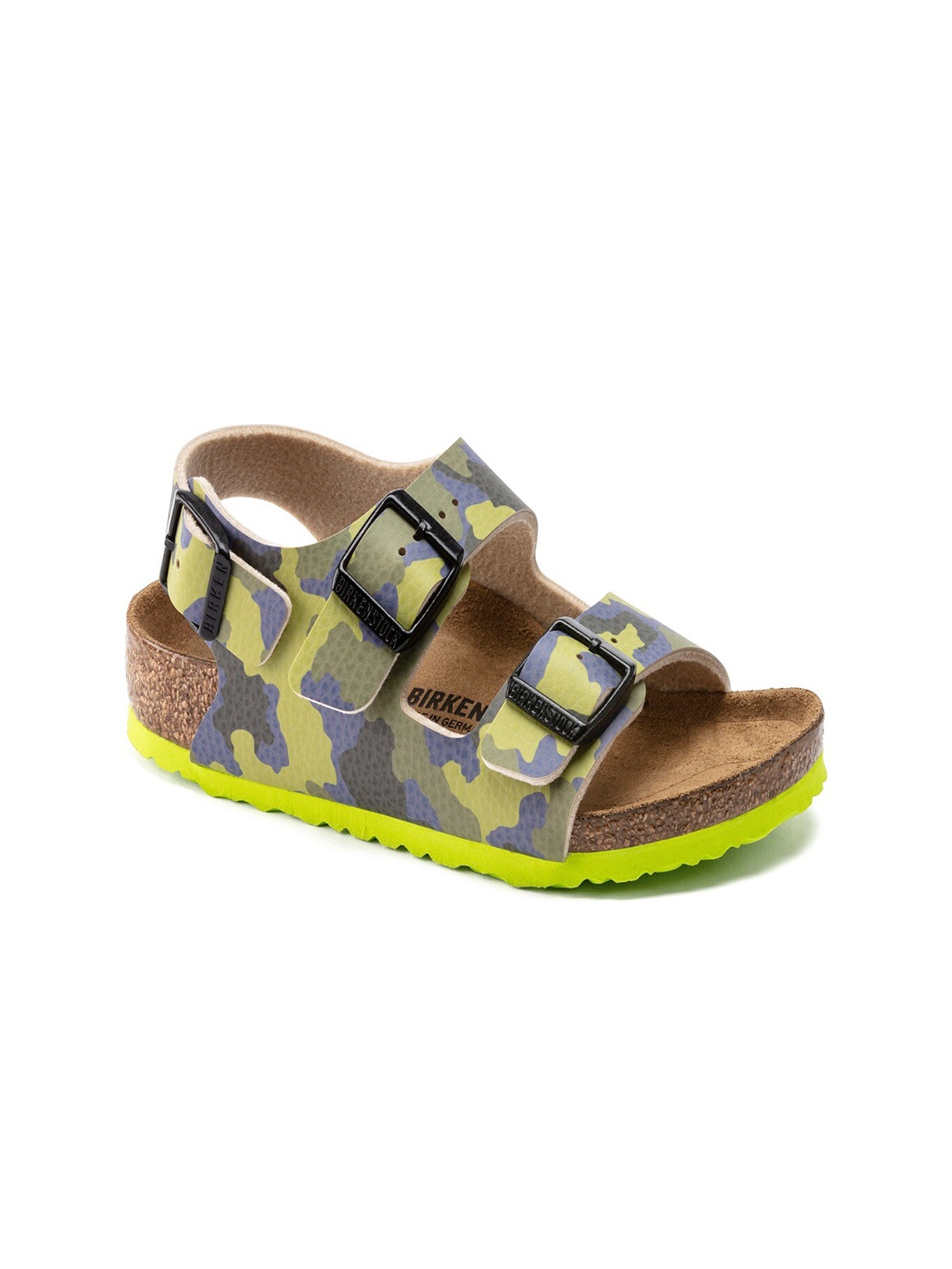 

Birkenstock Milano Desert Soil Camo Lime Aqua Narrow Width Birko-Flor With An Ankle Strap, Lime green