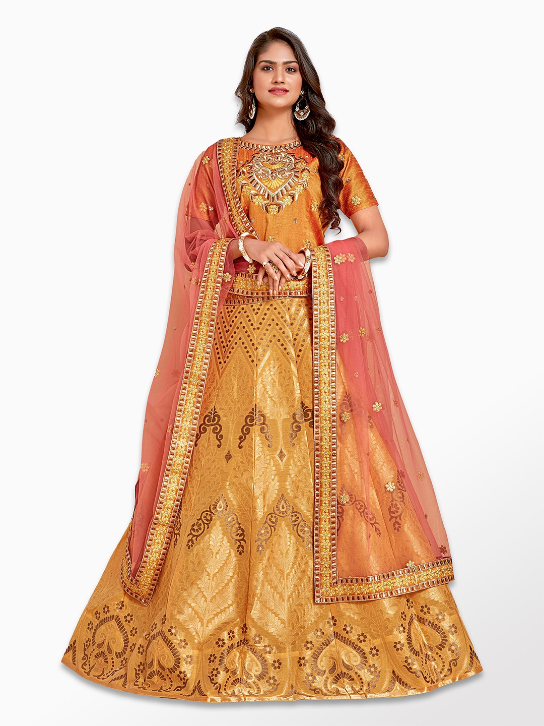 

MIMOSA Orange & Peach-Coloured Semi-Stitched Lehenga & Unstitched Blouse With Dupatta