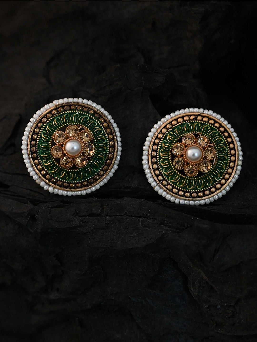 

justpeachy Gold-Plated Green Stone-Studded Circular Studs Earrings