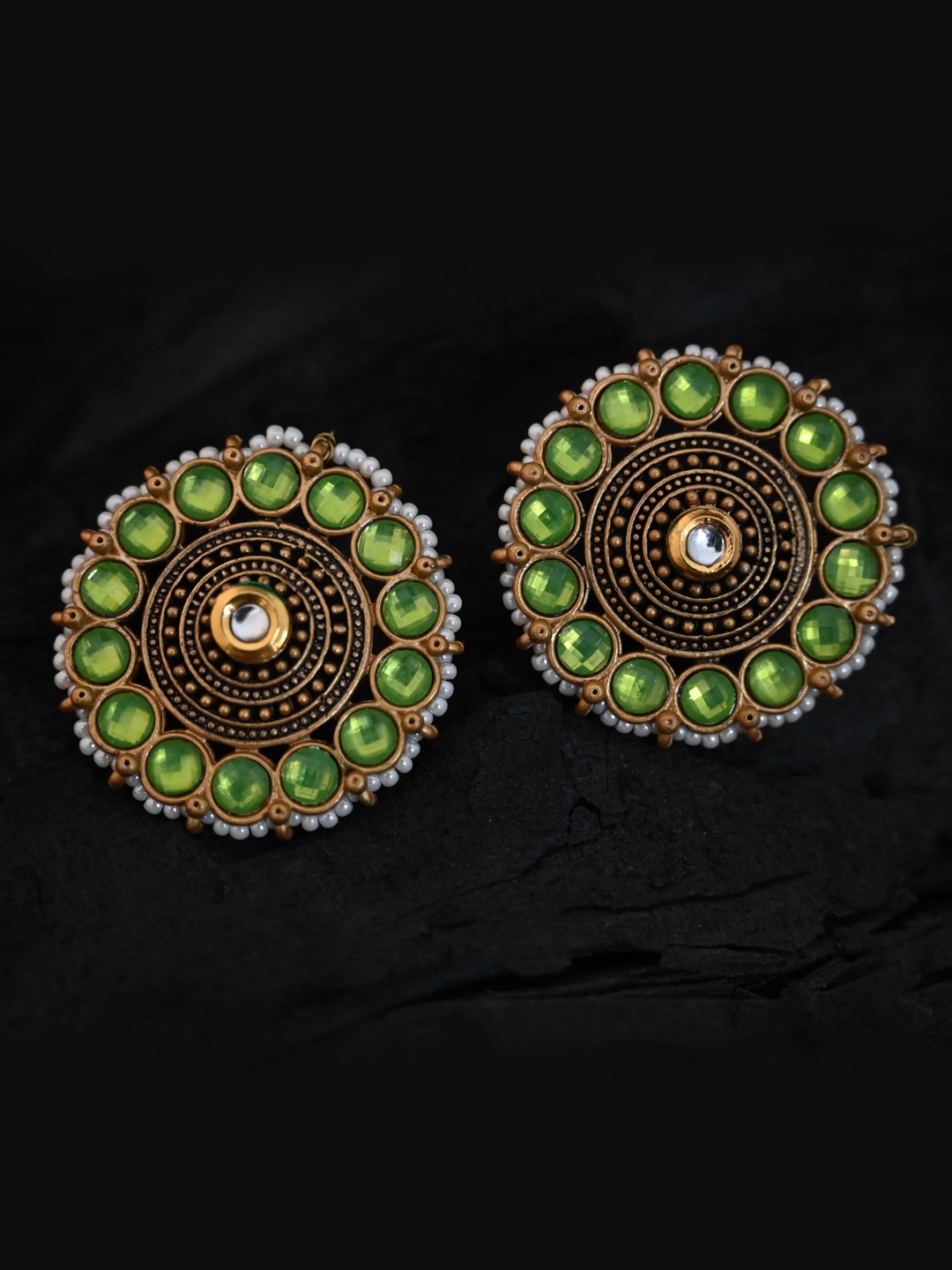 

justpeachy Gold-Plated Green Stone-Studded Circular Studs Earrings
