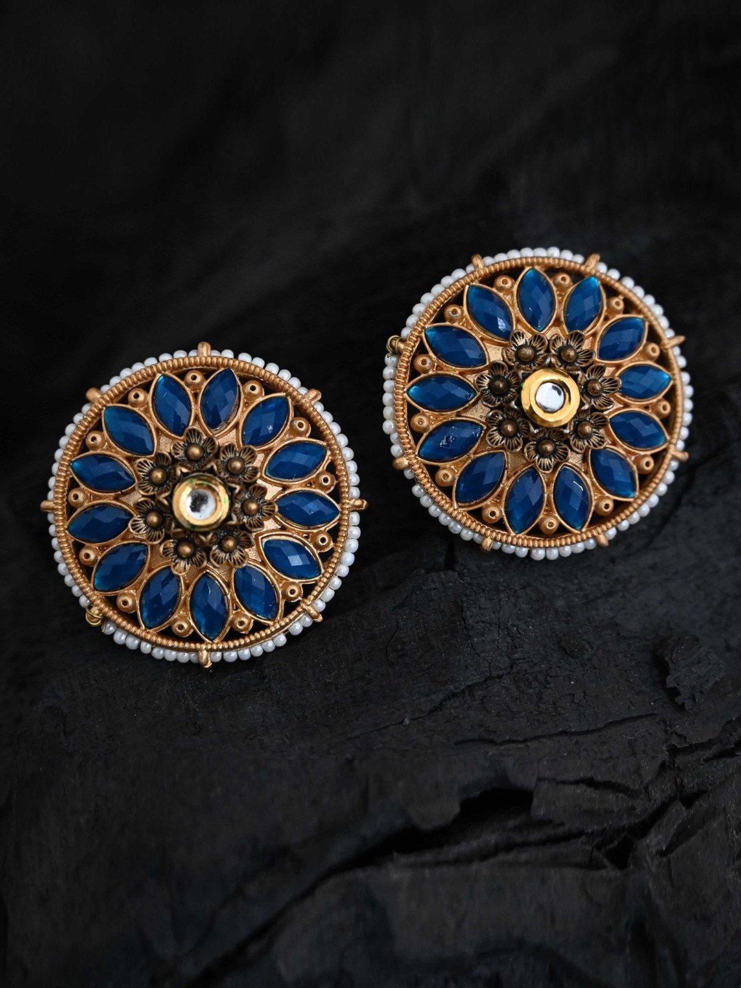 

justpeachy Blue & Gold-Plated Embellished Stone Studded Circular Studs Earrings