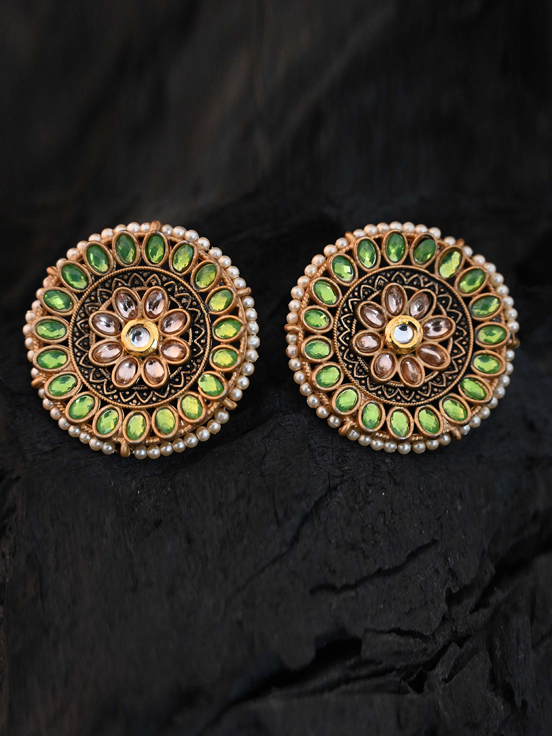 

justpeachy Gold-Plated Green Stone-Studded Circular Studs Earrings