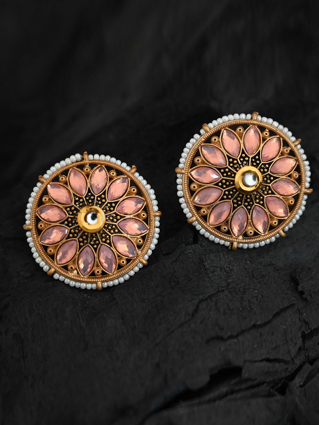 

justpeachy Gold-Plated Pink Stone-Studded Circular Studs Earrings