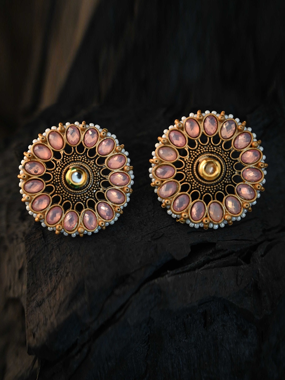 

justpeachy Gold-Plated Pink Stone-Studded Circular Studs Earrings