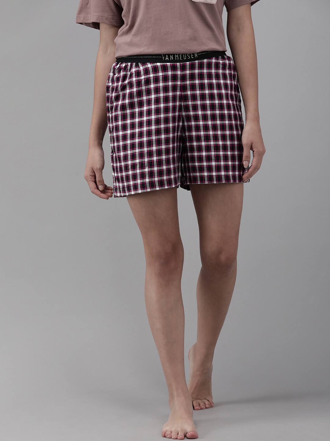 

Van Heusen Women Checked Mid Rise Elasticated Lounge Shorts, Black