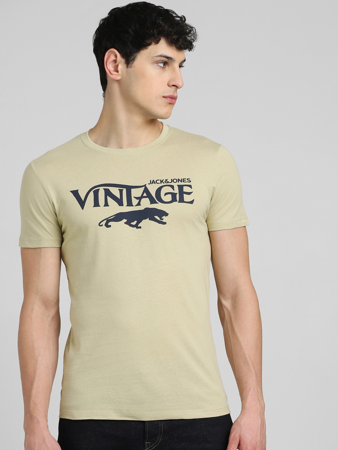 

Jack & Jones Men Green & Blue Typography Printed Pure Cotton Slim Fit T-shirt