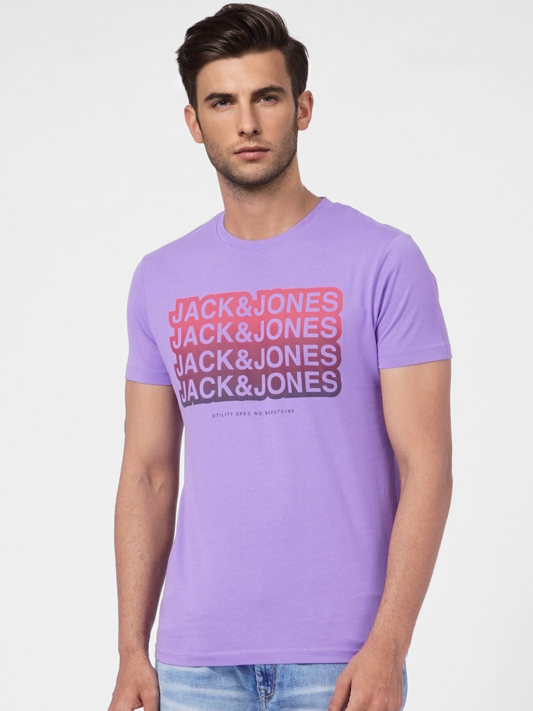 

Jack & Jones Men Purple & Multicoloured Typography Printed Slim Fit Casual T-shirt