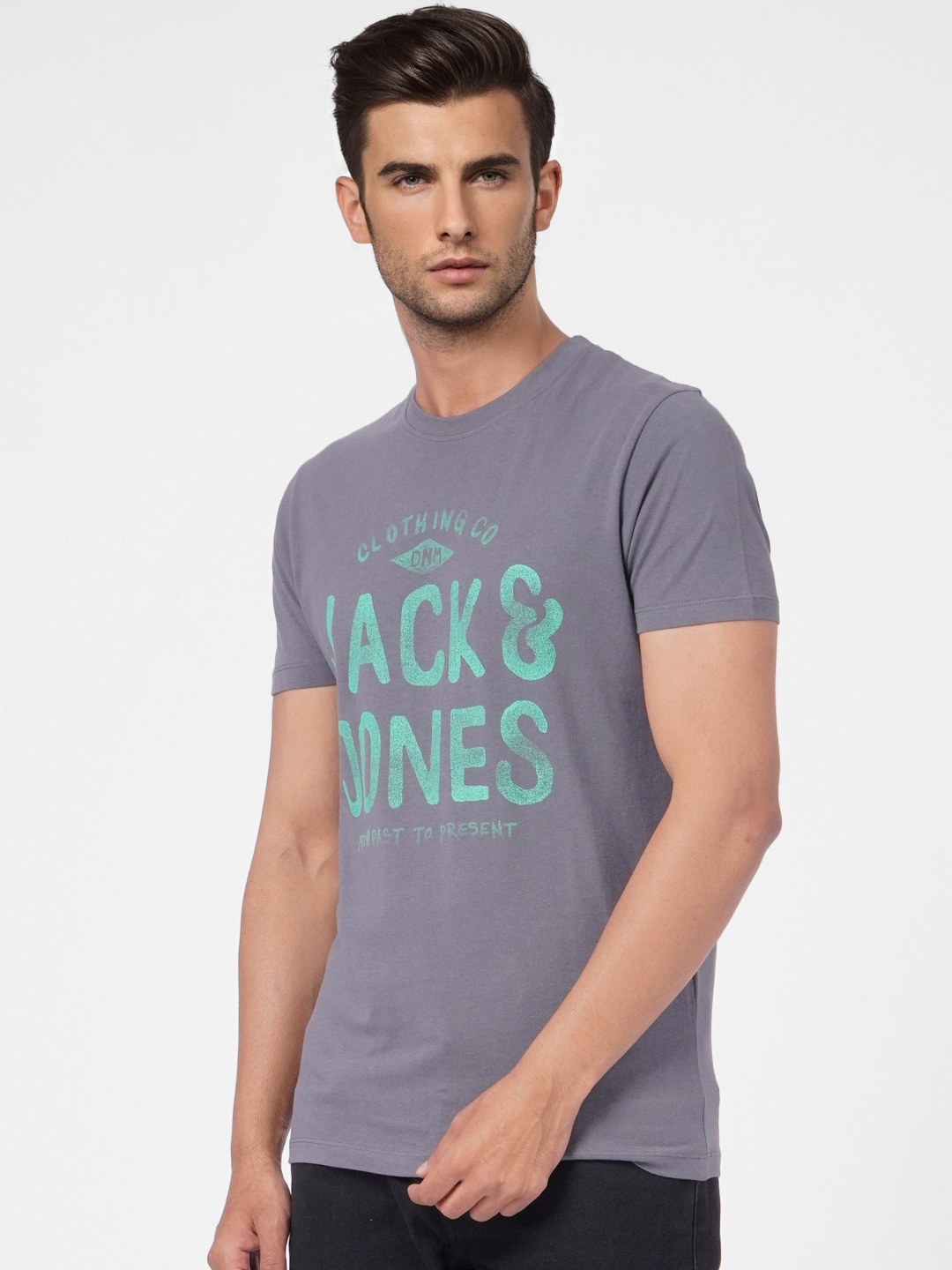 

Jack & Jones Men Grey & Green Brand Logo Printed Pure Cotton Slim Fit T-shirt