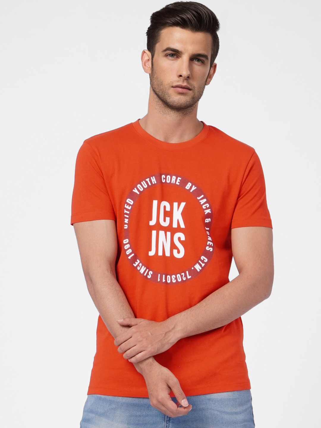 Jack & Jones Men Rust Orange Brand Logo Printed Pure Cotton T-shirt