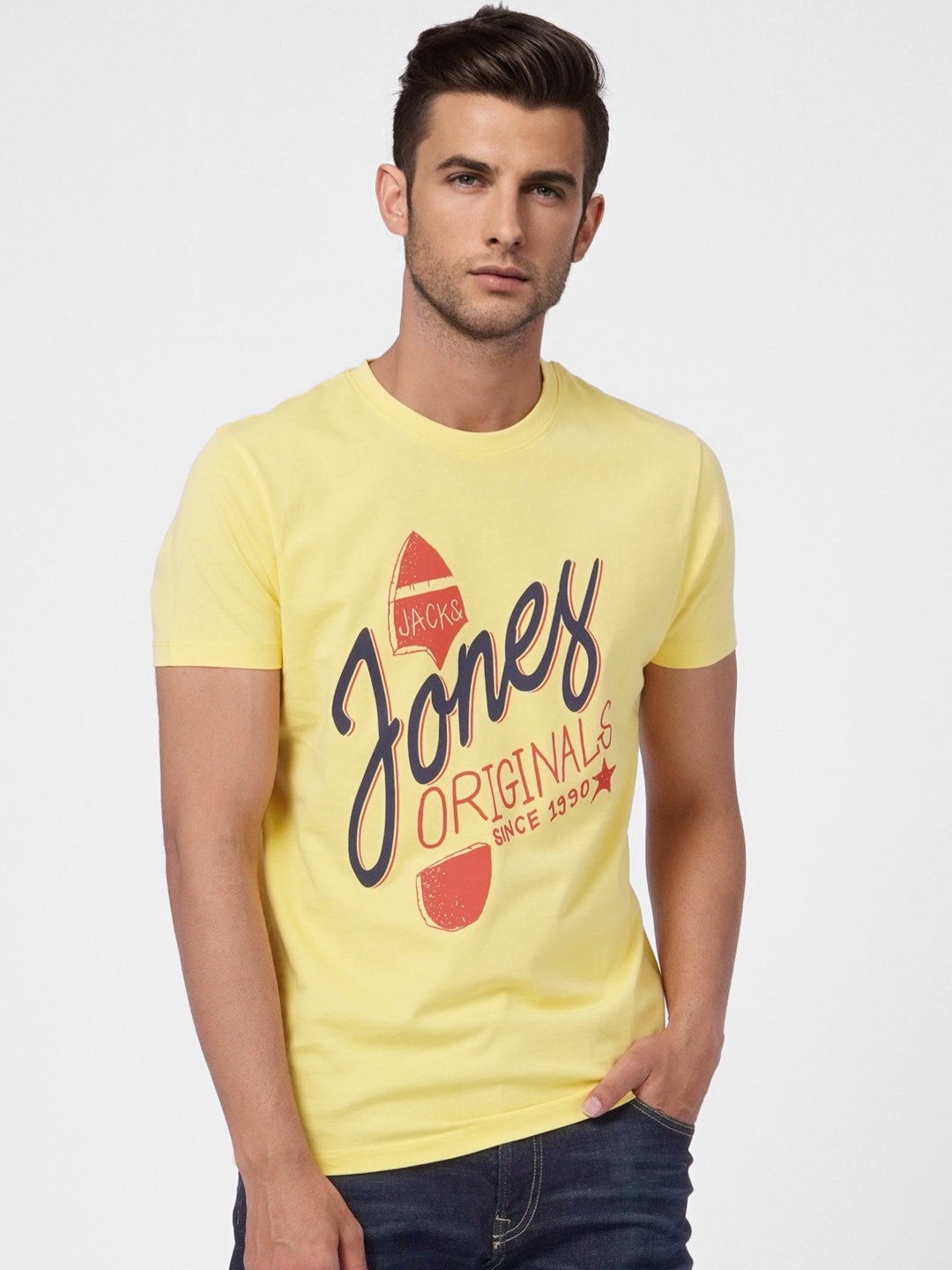 

Jack & Jones Men Yellow & Red Typography Printed Pure Cotton Slim Fit T-shirt