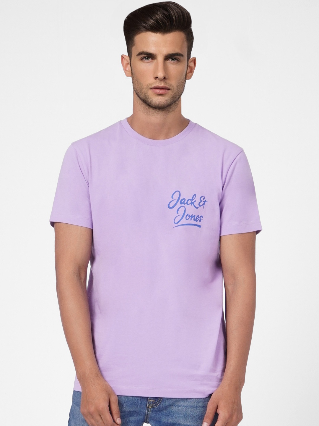 

Jack & Jones Men Purple & Blue Printed Slim Fit Pure Cotton T-shirt