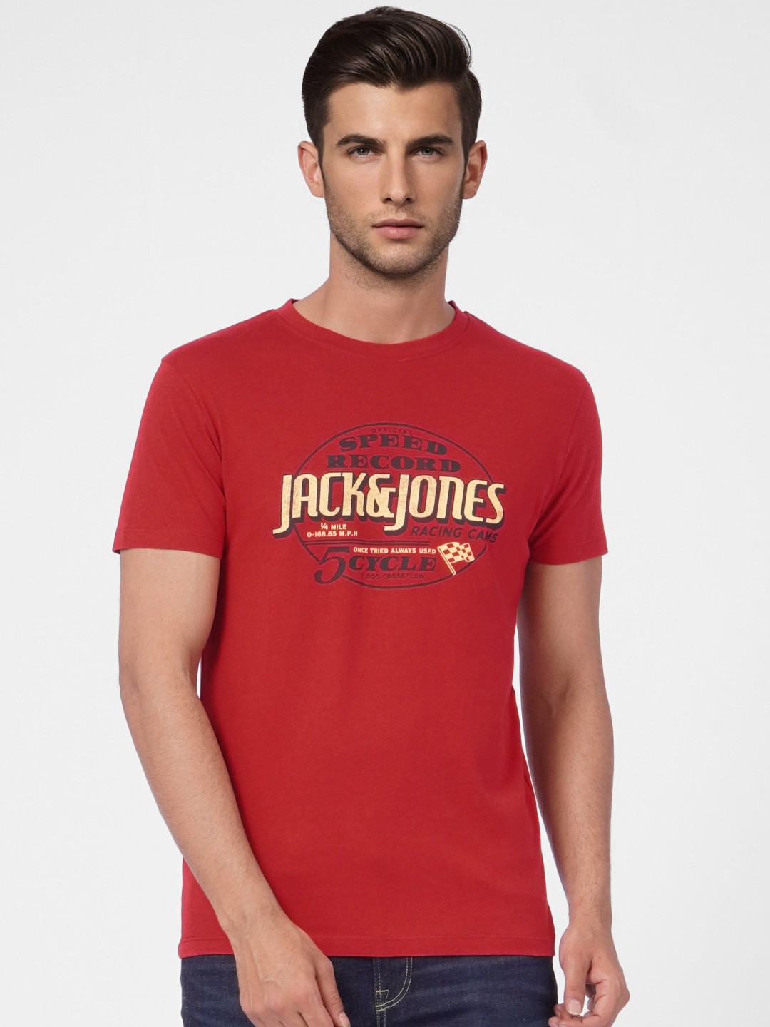 

Jack & Jones Men Red & Yellow Brand Logo Printed Pure Cotton Slim Fit T-shirt