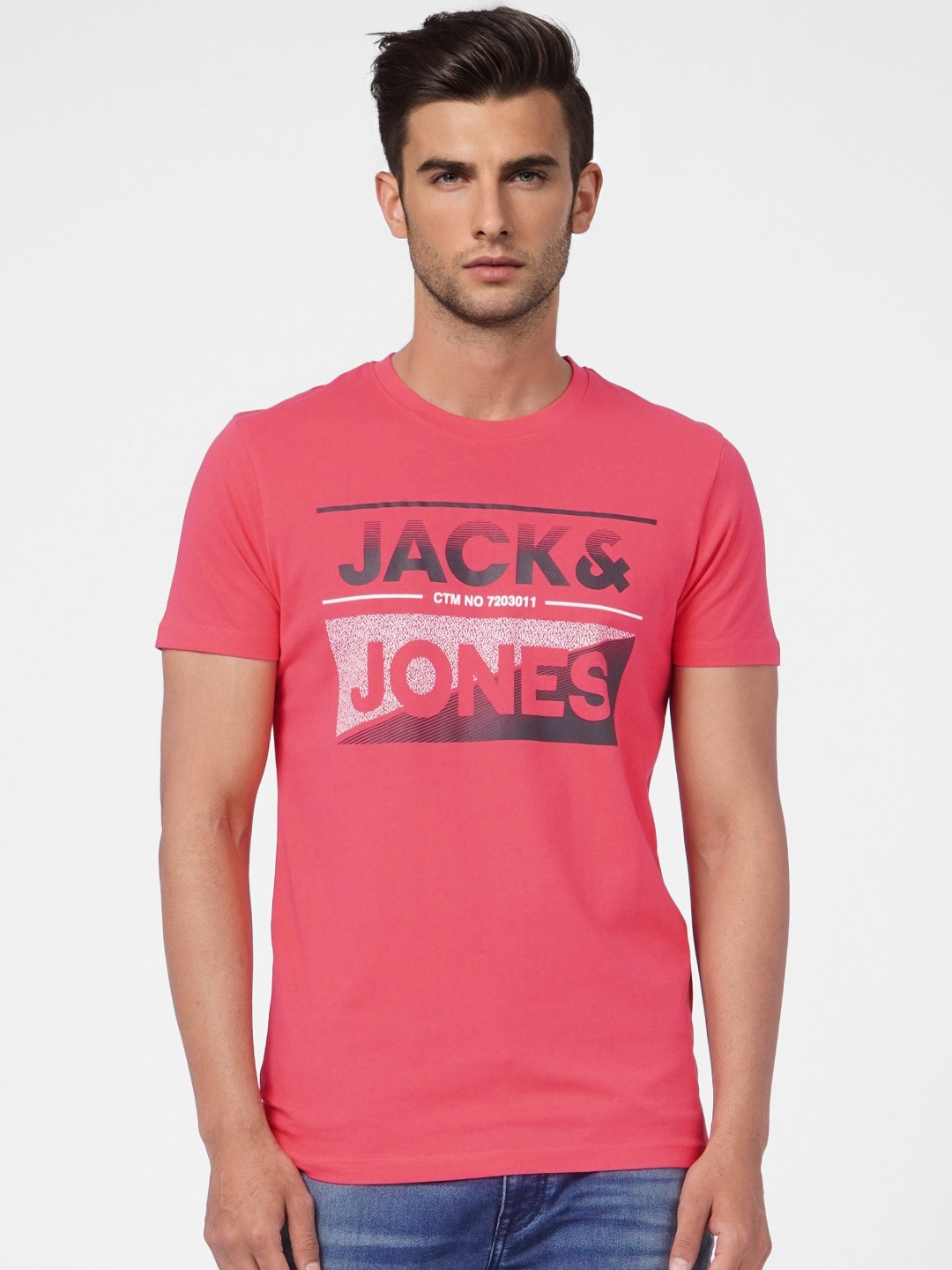 

Jack & Jones Men Pink Brand Logo Printed Pure Cotton T-shirt