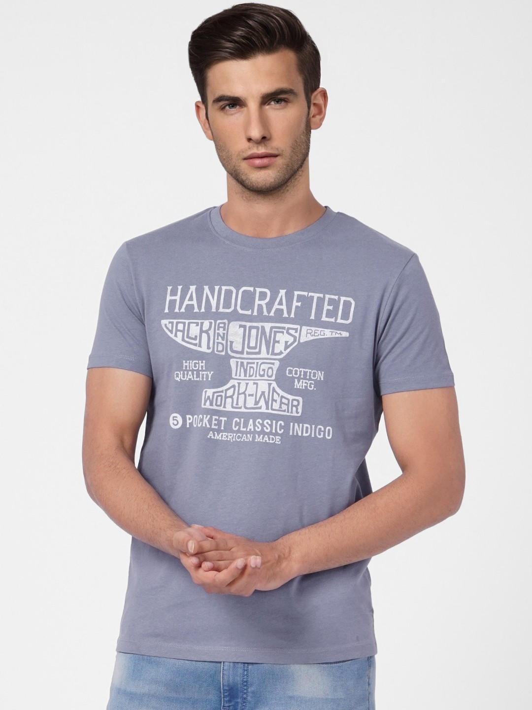 

Jack & Jones Men Grey & White Typography Printed Pure Cotton Slim Fit T-shirt