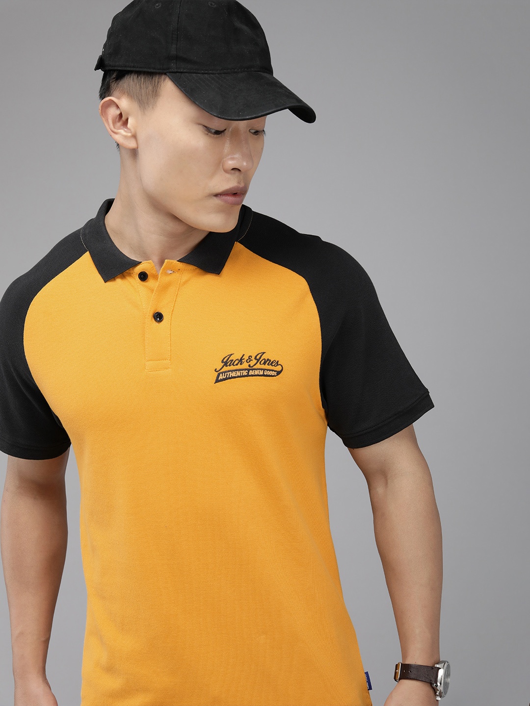 

Jack & Jones Men Mustard & Black Printed Polo Collar Slim Fit Pure Cotton Casual T-shirt