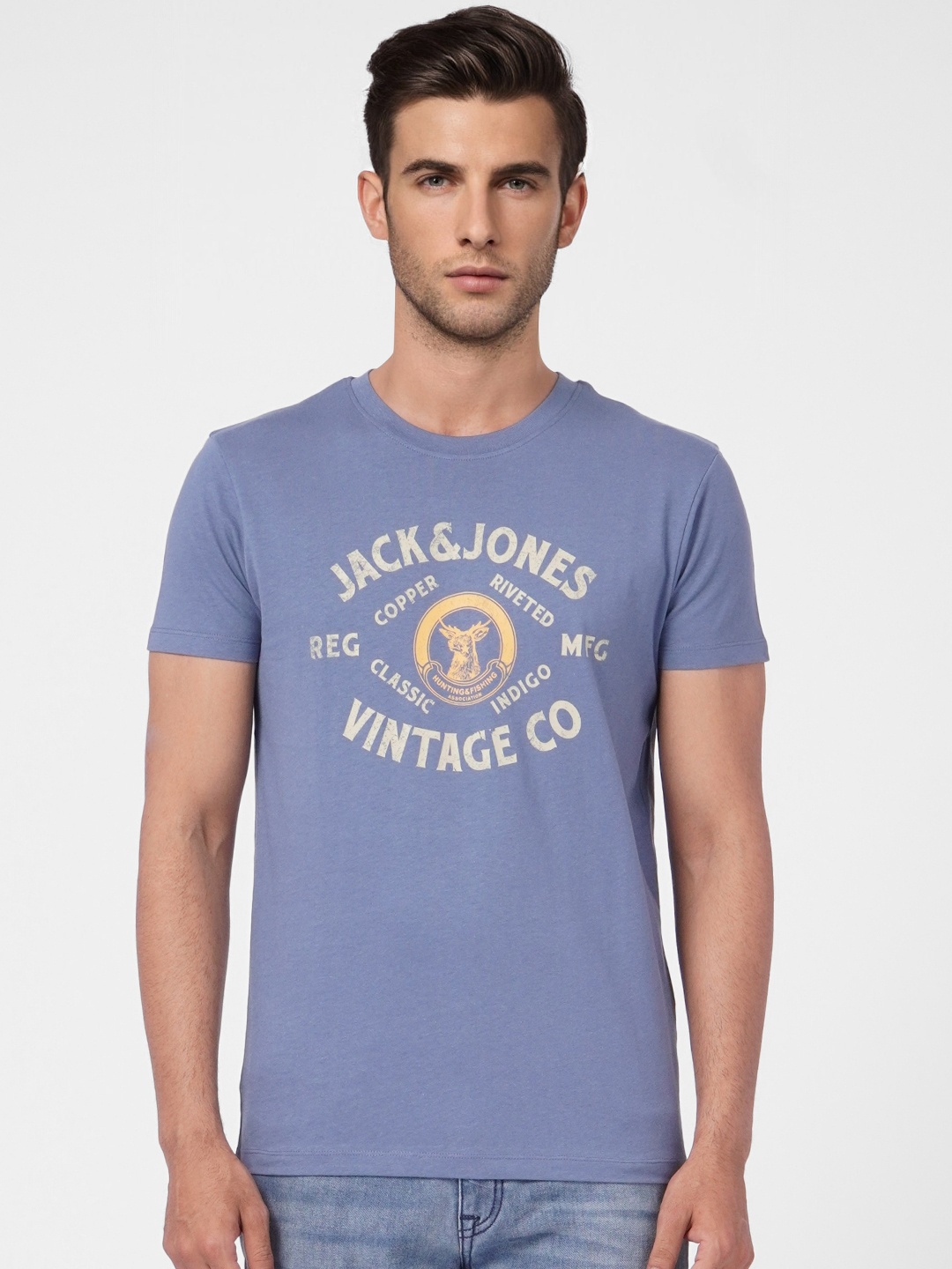 

Jack & Jones Men Blue Brand Logo Printed Pure Cotton T-shirt