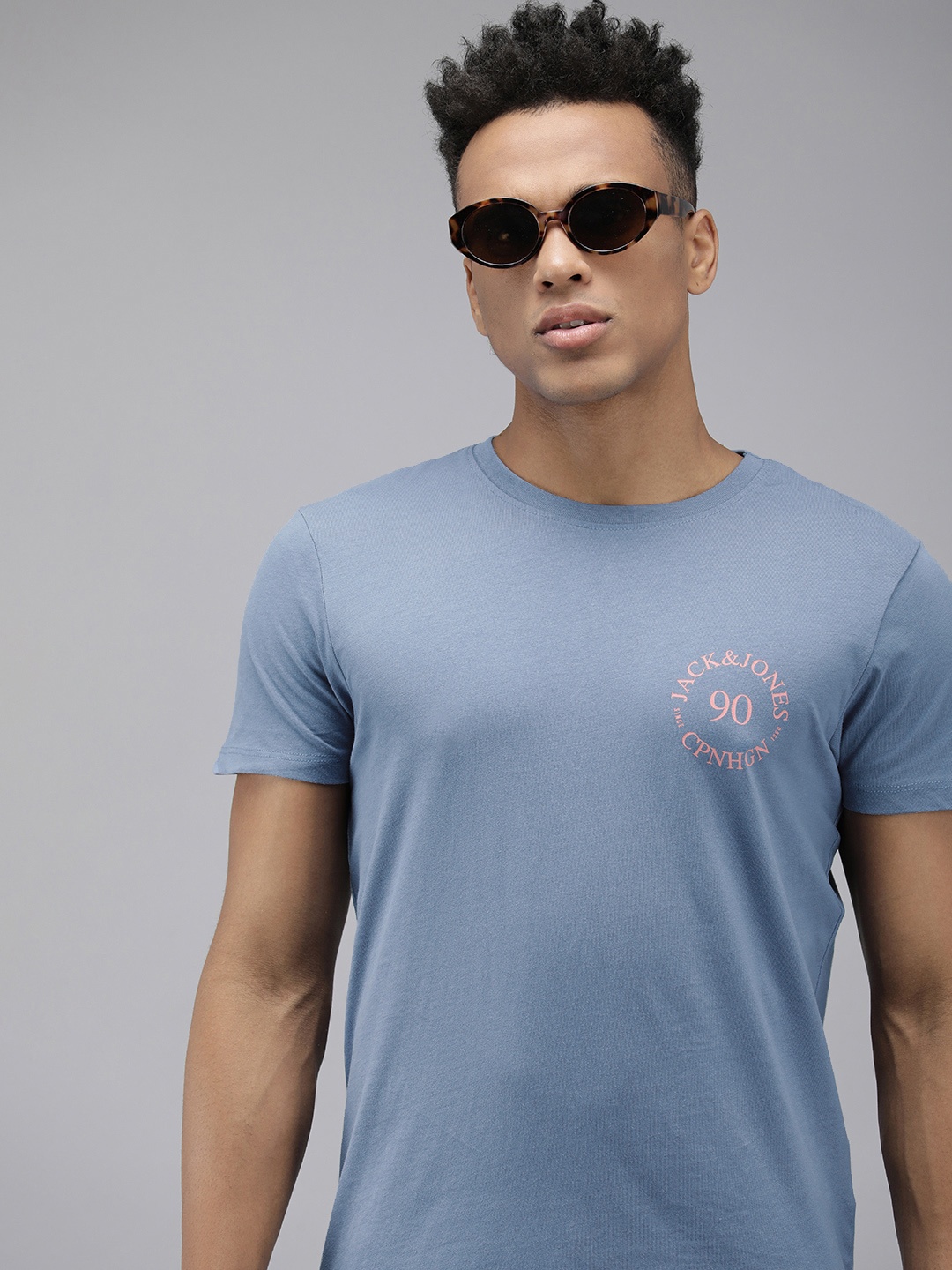 

Jack & Jones Men Blue Printed Slim Fit Pure Cotton Casual Casual T-shirt