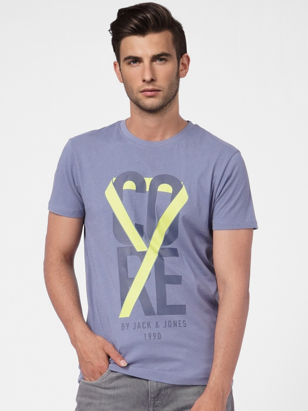 

Jack & Jones Men Grey & Lime Green Printed Slim Fit Pure Cotton Casual T-shirt